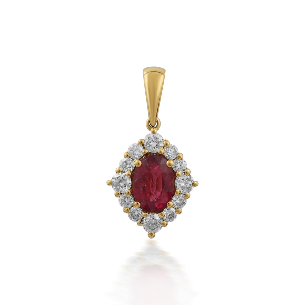 Amora – Ruby & Diamond Halo Pendant in Gold