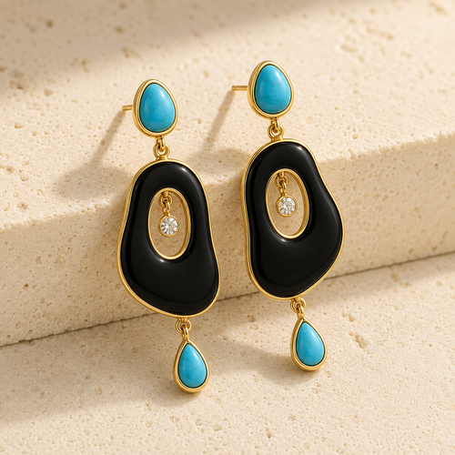 Riverstone Black Onyx & Turquoise Drop Earrings