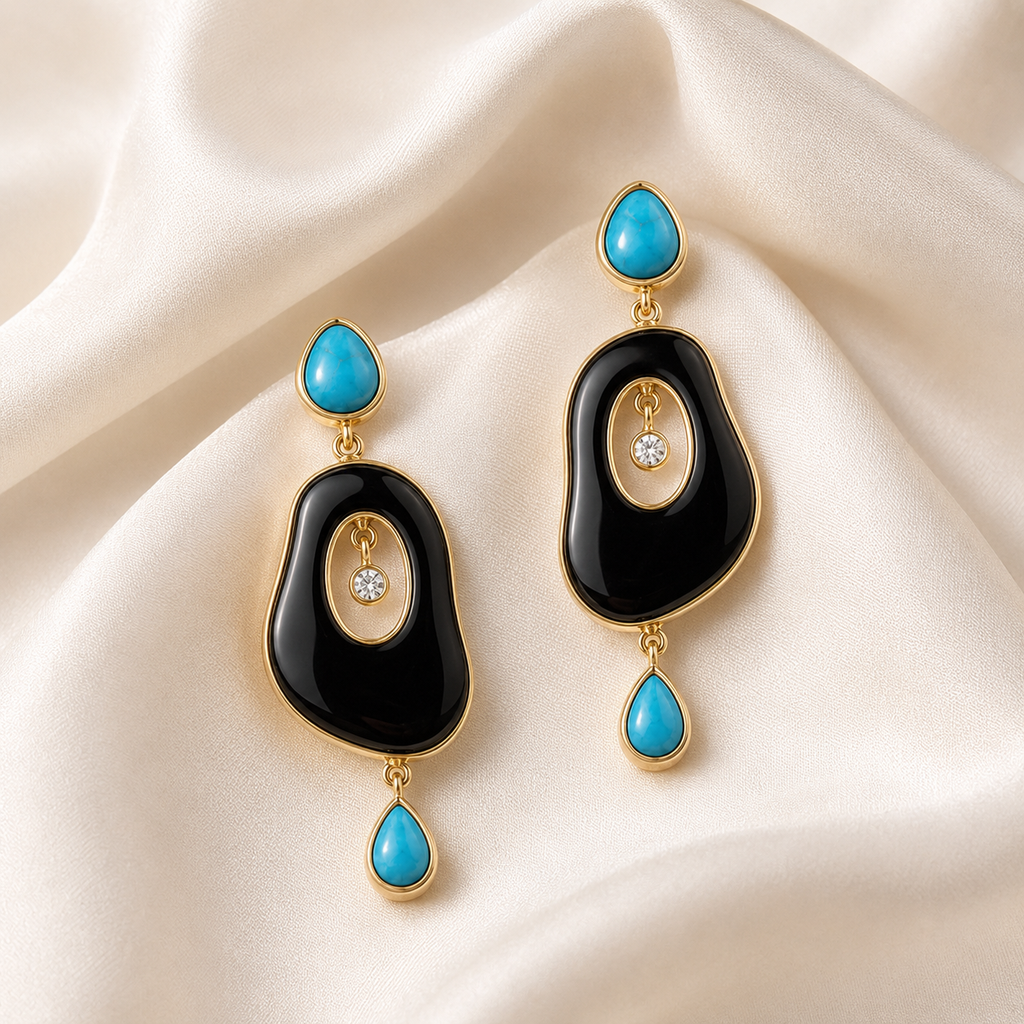 Riverstone Black Onyx & Turquoise Drop Earrings