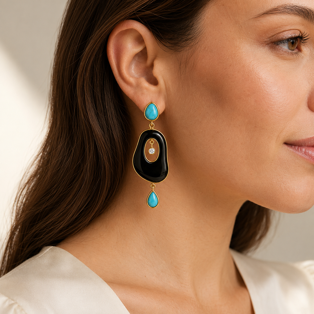 Riverstone Black Onyx & Turquoise Drop Earrings